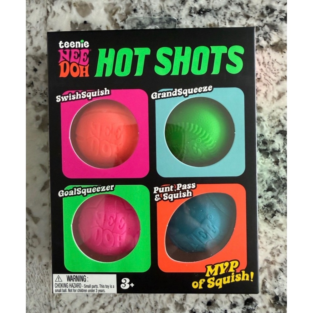 NeeDoh Hot Shots Teenie Squishy Sports Ball Nee Doh Fidget Toy Set 4 Pack NEW